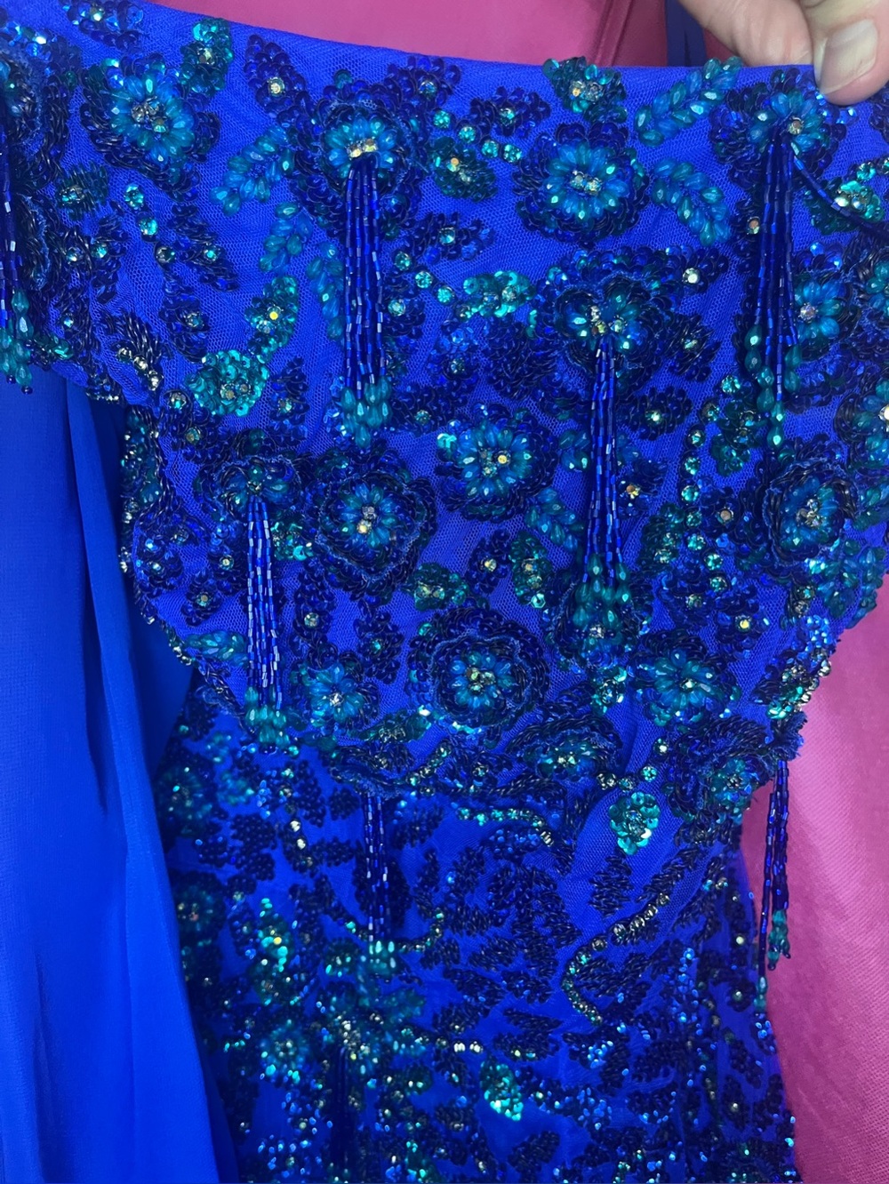 One-Shoulder Royal Blue Sequin Romper with Draped Cape - Picture 5 of 10